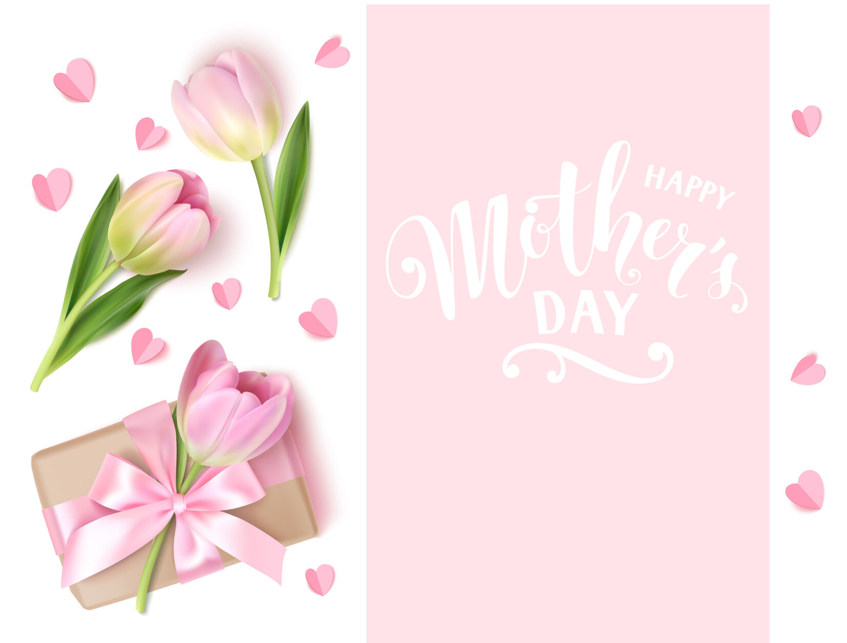 Happy Mother's Day. Holiday design template. Calligraphic lettering text with decorative gift box and tulip flowers. Vector illustration